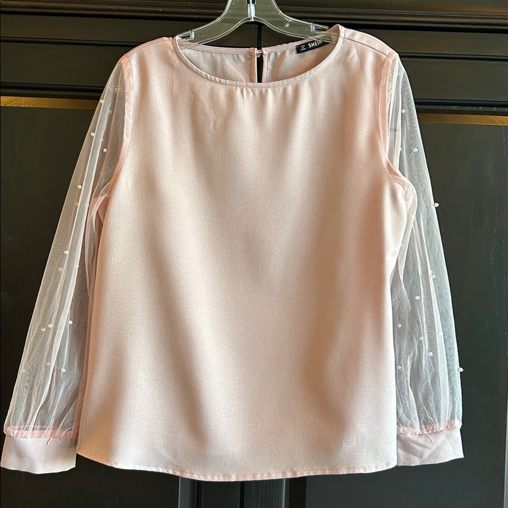 Elegant Pink Women's Top with Pearl beaded Sheer Sleeves • L